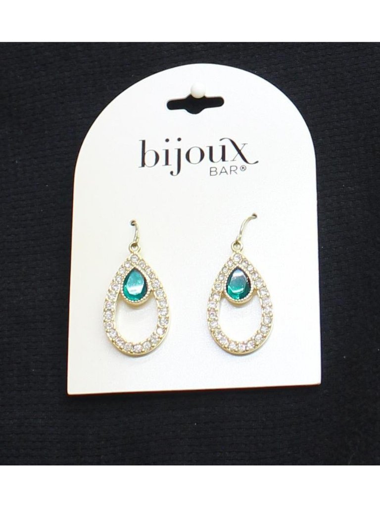 Nwt Bijoux Bar Teardrop Rhinestone Accent Dangly Earrings Gold / Green 1.5"